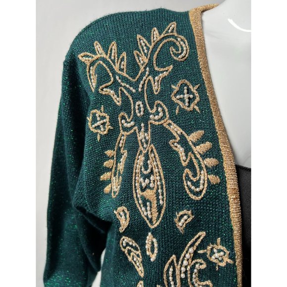 Jaclyn Smith Beaded and Embroidered Cardigan Sweater M Green, Gold Metallic Th - Picture 10 of 16